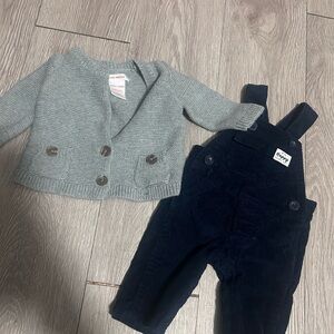 Joe Fresh Light Gray Cardigan and Navy Overalls Kids Matching Set